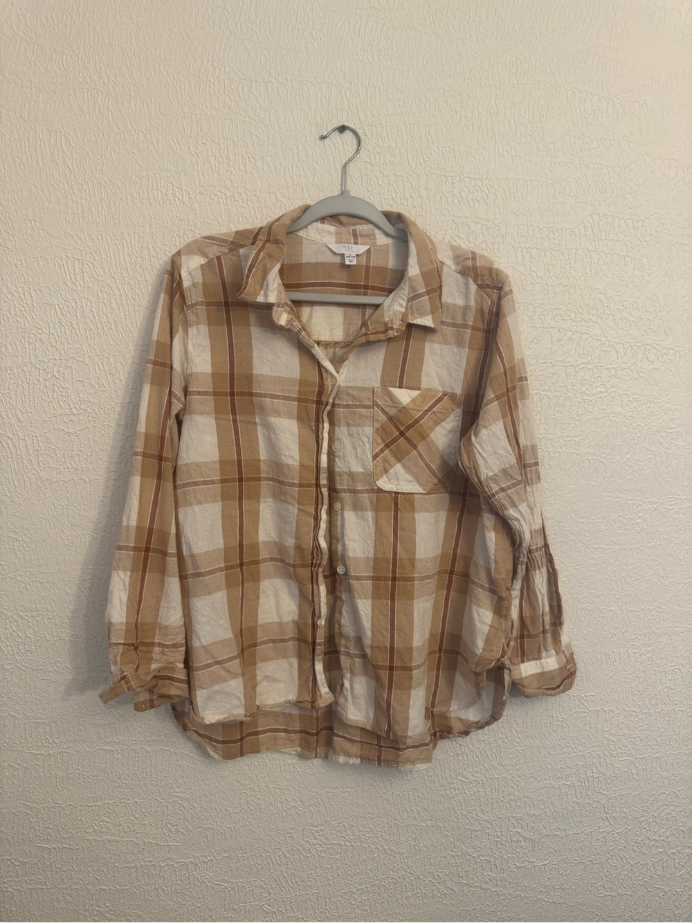 Time and Tru Tan and White Plaid Button-Up Shirt